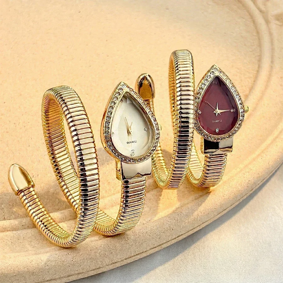 Gold Snake Bangle Watch for Women Teardrop Rhinestone Dial Quartz Open Cuff Bracelet Wristwatch Elegant Ladies Jewelry Watch