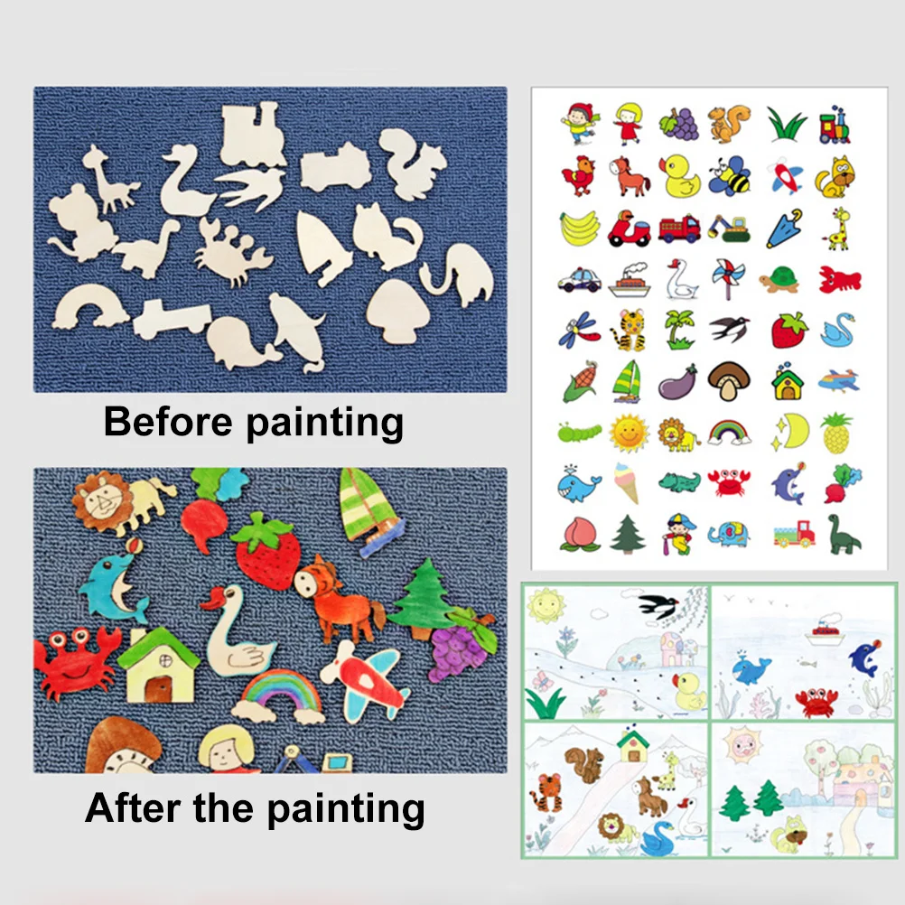 Zeichenvorlagen aus Holz für Kinder, 55, wiederverwendbare Schablonen, Obst, Tiere, Verkehr, DIY-Malset für Kinder ab 3 Jahren