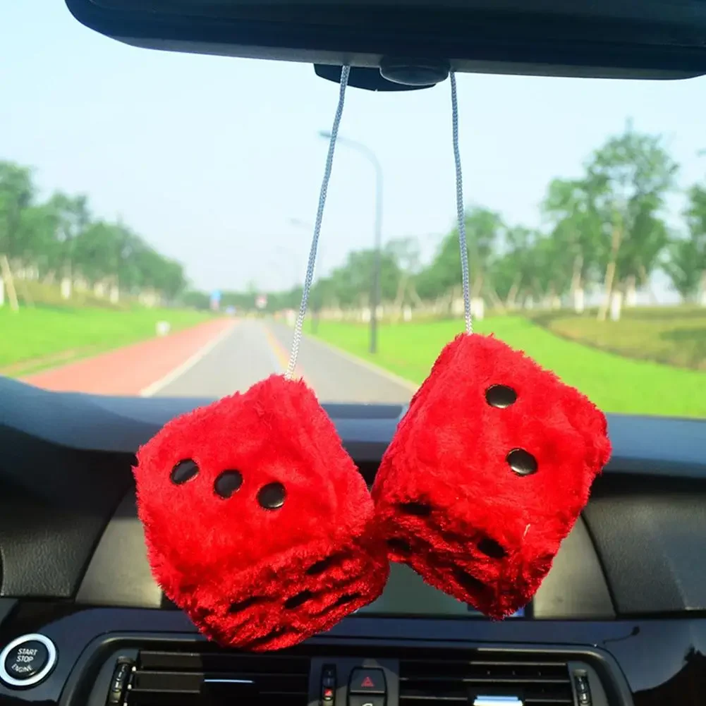 7.5cm Soft Fuzzy Dice for Car Mirror Pair of Retro Square Fuzzy Plush Dice with Dots for Hanging Car Accessories Interior Fluffy