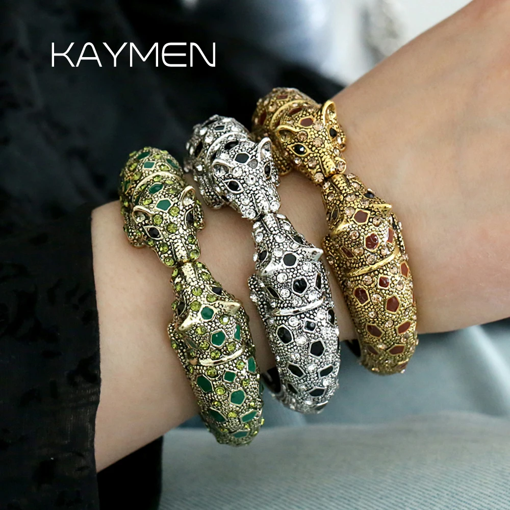 Designer Series Fashion Vintage Crystal Leopard Head Enamel Luxury Women Jewelry Statement Bangle Elegant Style Bracelet Chic