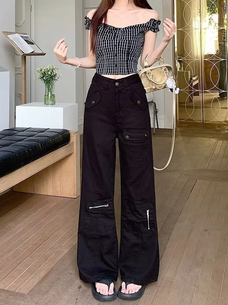 Black Bell Bottom Workwear Jeans Women's Loose Fit Pear Shape Bodycon High Waist Denim Pants Autumn Season plus Size
