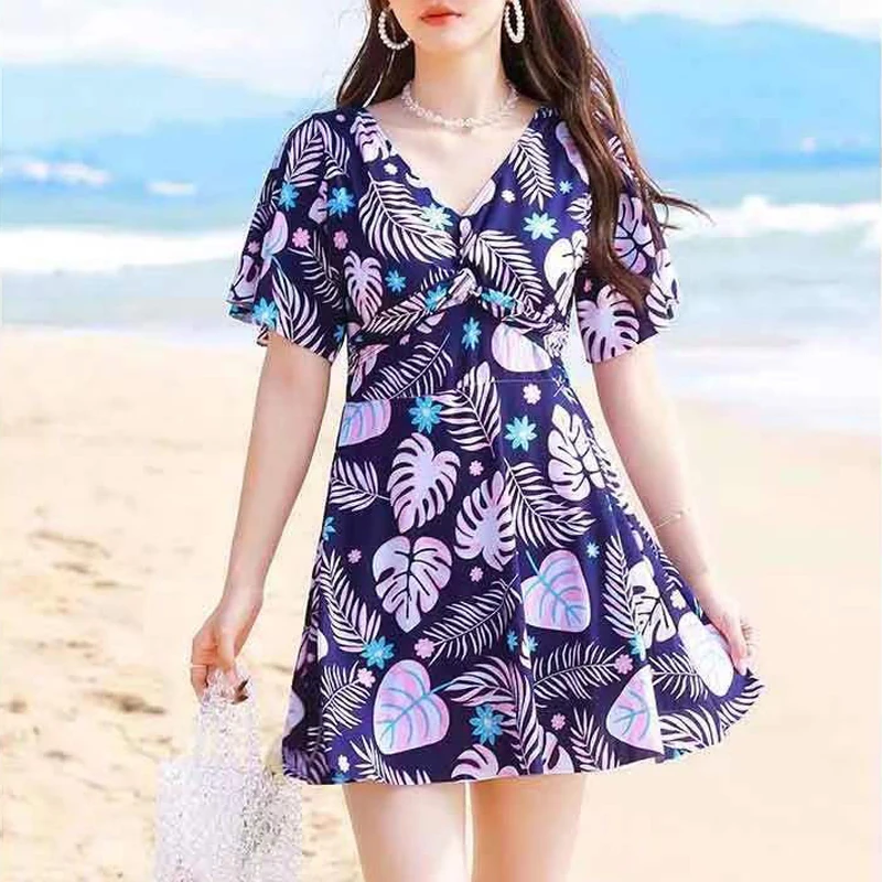 2023 Women Summer Elegant Fashion Printed One Piece Swimsuits Summer Vacation Short Sleeve High Waist Beach Mini Skirt Swimwear