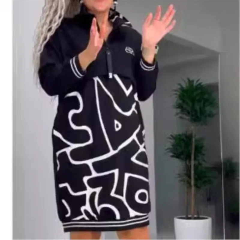 Spring Autumn Casual Dress Vestidos Long Sleeves Dresses Vestido Woman Simple Style All-match Contrast Printed Loose Homewears