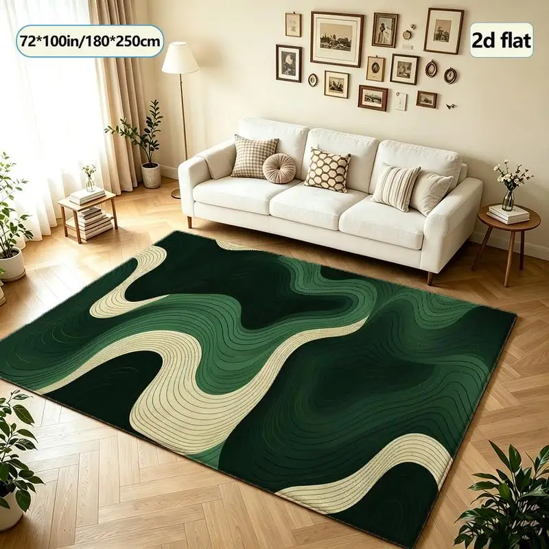 Green and Beige Abstract Wave Line Carpet Modern Square Carpet Suitable for Living Room, Bedroom, Home Interior Decoration