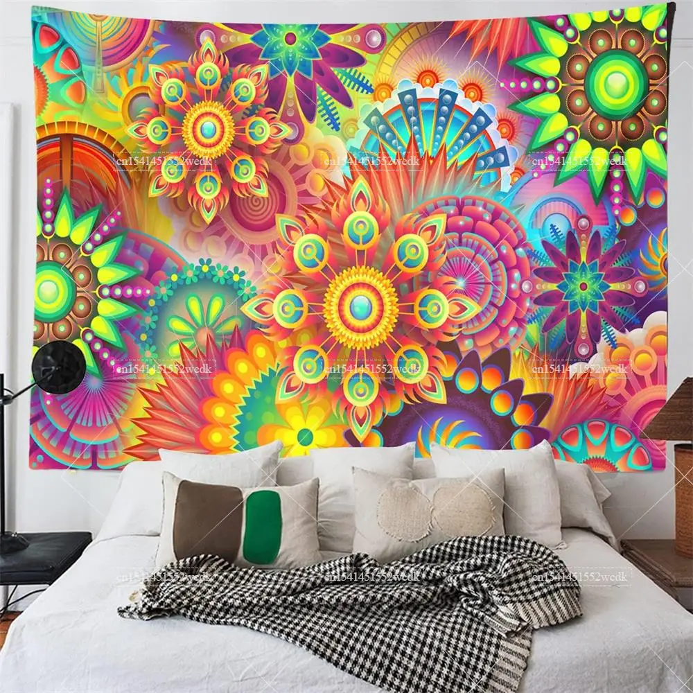 Tapisserie murale Boho à lumière noire, Mandala coloré, Floral, tenture murale, esthétique réactive aux UV, brille dans la nuit, arrière-plan de fête