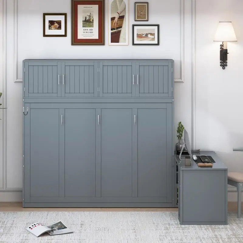 

Queen Size Murphy Bed with Desk, Shelves, and Cabinets in Gray