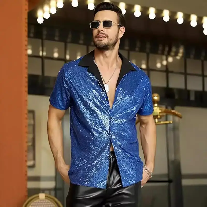 Men Full Sequin Short Sleeve Shirt Contrast Black Lapel Collar Button Down Glitter Tops Nightclub Disco Party Stage Performance
