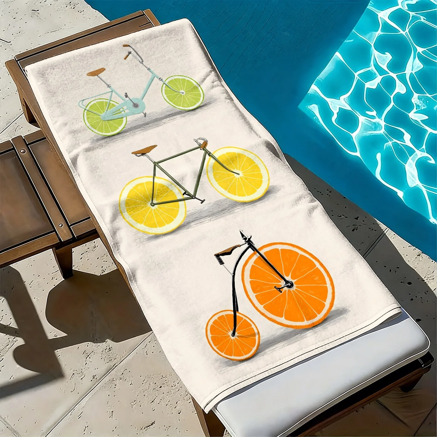 Bicycle, lemon, orange slice pattern polyester microfiber beach towel is highly absorbent, suitable swimming and beach outings
