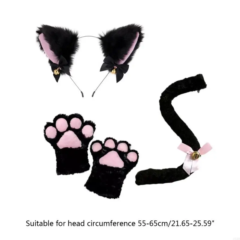 39BD Katzenkostüm-Set, Katzenohren, Stirnband, Schwanzglocke, Spitze, Halsband, Handschuhe für Kinder, Mädchen, Jungen, Halloween, Kostüm, Cosplay, Party-Requisiten