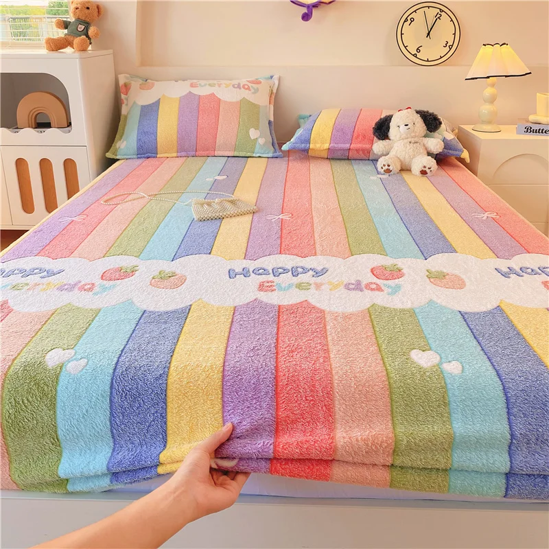 1pc Rainbow Bed Sheets for Winter Warm Soft Flannel Fleece Mattress Protector Pluffy Coral Fleece Queen Bed Sheets Drap Housse