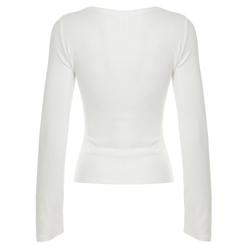 Casual Grundlegende Solide Niet T Shirt Elegante Sexy Schlank Quadrat Kragen Langarm T-stücke Frauen 2025, Herbst Frühling Streetwear Damen