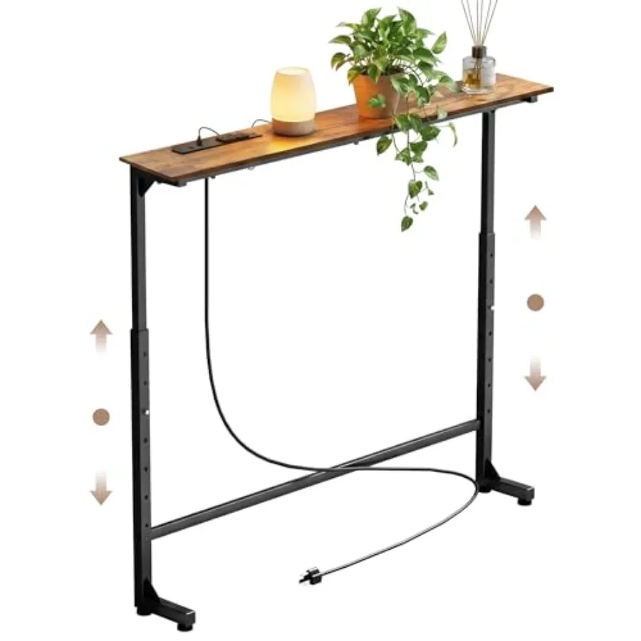 Adjustable Height Narrow Sofa Table with Built-in Power Outlets, 39" Long Console Table Behind Couch Table with Charging Statio