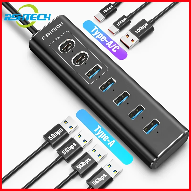 RSHTECH Powered USB Hub 7Port 10Gbps USB 3.2 typ C indywidualne włączniki/wyłączniki Adapter aluminiowy ekspander USB do laptopa PC