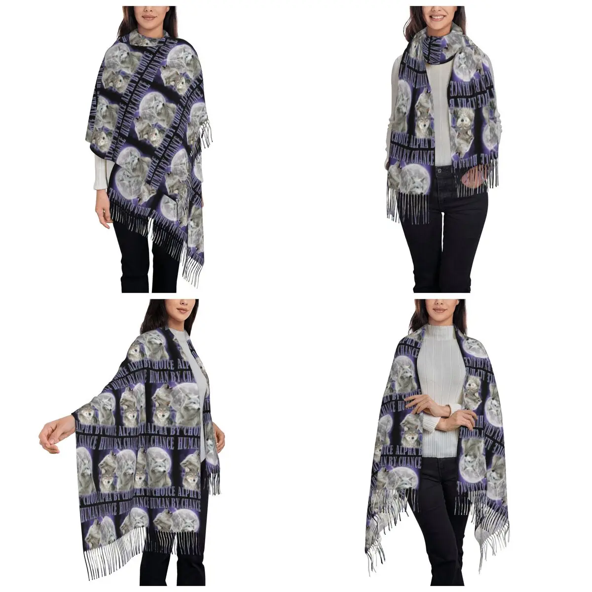 Human By Chance Alpha By Choice Wolf Meme Scarf Tassel Scarves Women Soft Warm Shawls and Wraps Long Fall Winter Shawl Wrap