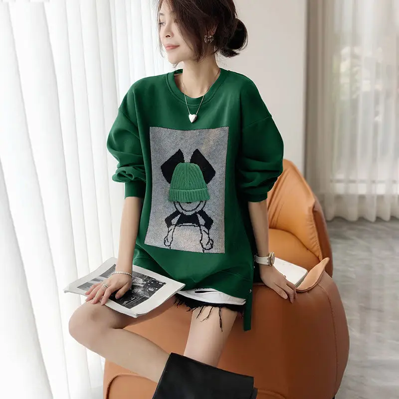 

Green round neck sweater women spring and autumn new design sense side slits loose casual print all-match hoodie female top