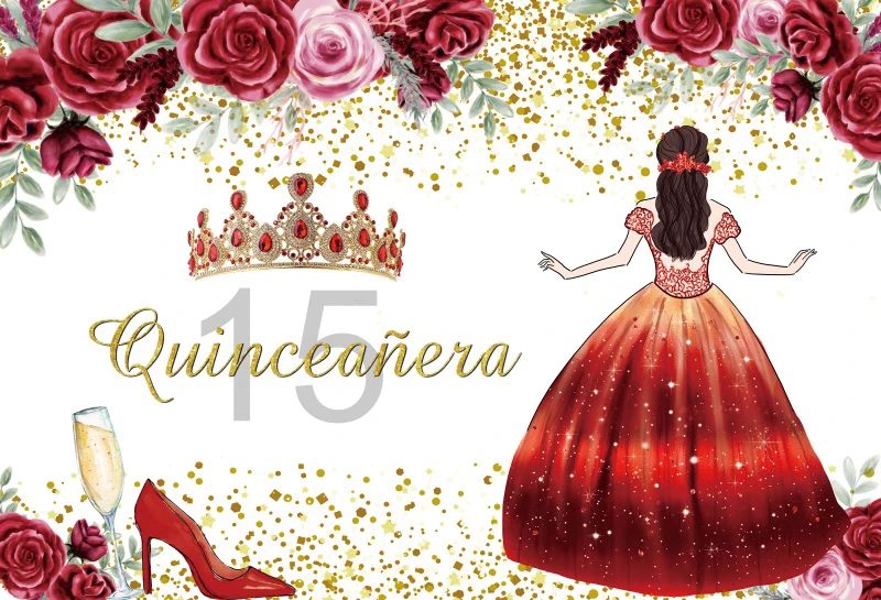 Quinceanera princesa pano de fundo doce 15th meninas vestido glitter coroa floral festa de aniversário foto fundo photo studio banner