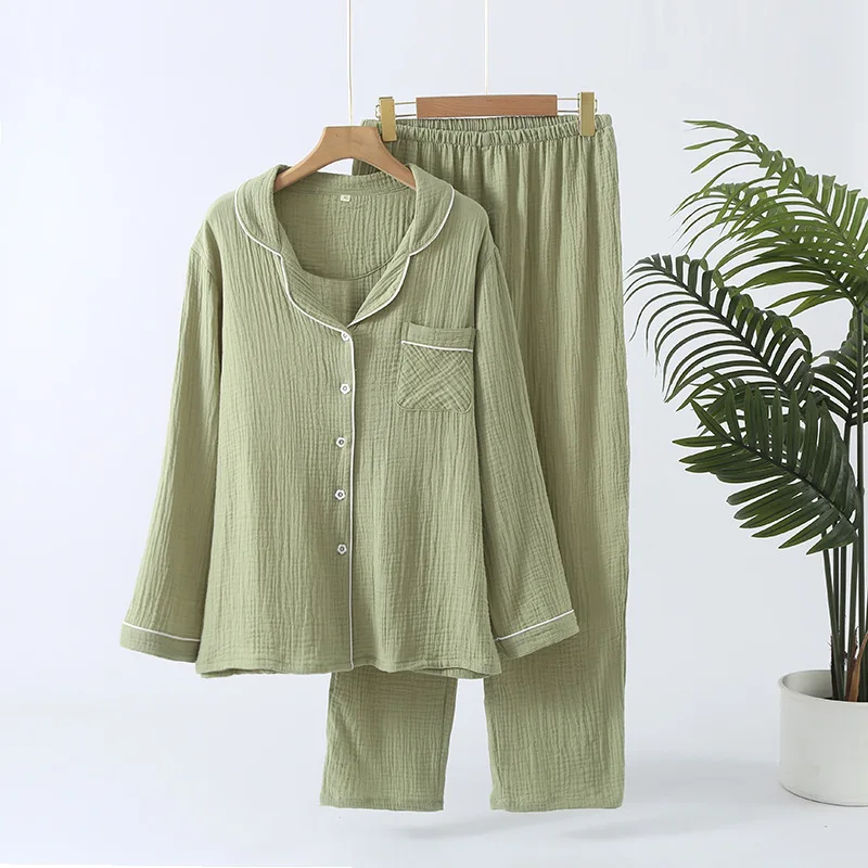 2026 Spring And Autumn New Women's Pajama Set 100% Cotton Solid Color Lapel Long Sleeved Pants Home Furnishing Two Piece Set