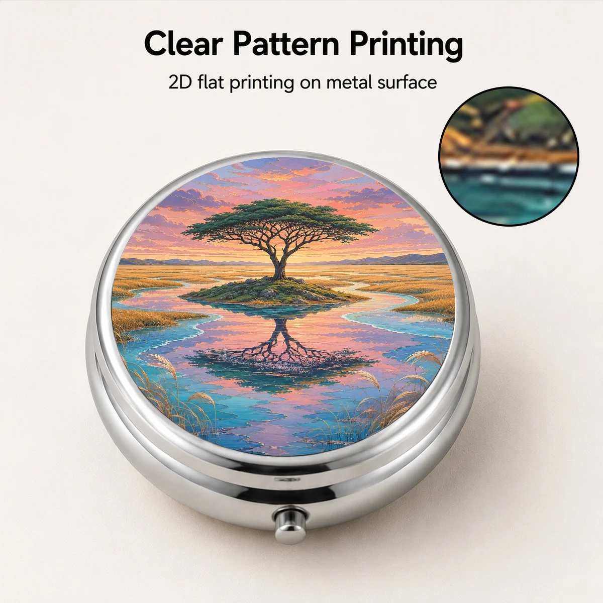 Single-piece package with a pattern of a lone tree in a grassland and a river sunset reflection. Single-sided flat print. Sealed and dustproof. Three-compartment design (for separating morning, noon, and evening pills). Suitable for commuting. Flat style