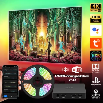 HDMI-সামঞ্জস্যপূর্ণ 2.0 ডিভাইস সিঙ্ক বক্স LED স্ট্রিপ লাইট কিট ওয়াইফাই অ্যালেক্সা গুগল সহকারী নিয়ন্ত্রণের জন্য স্মার্ট অ্যাম্বিয়েন্ট টিভি LED ব্যাকলাইট