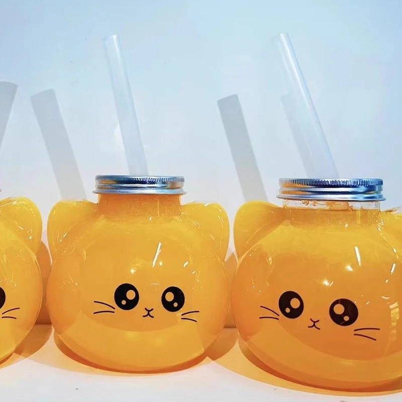 Cute Cartoon Cat Mug Portable Sports Drinking Mug Straw Disposable Drinking Mug Kawaii Creative Children Travel Water Bottle