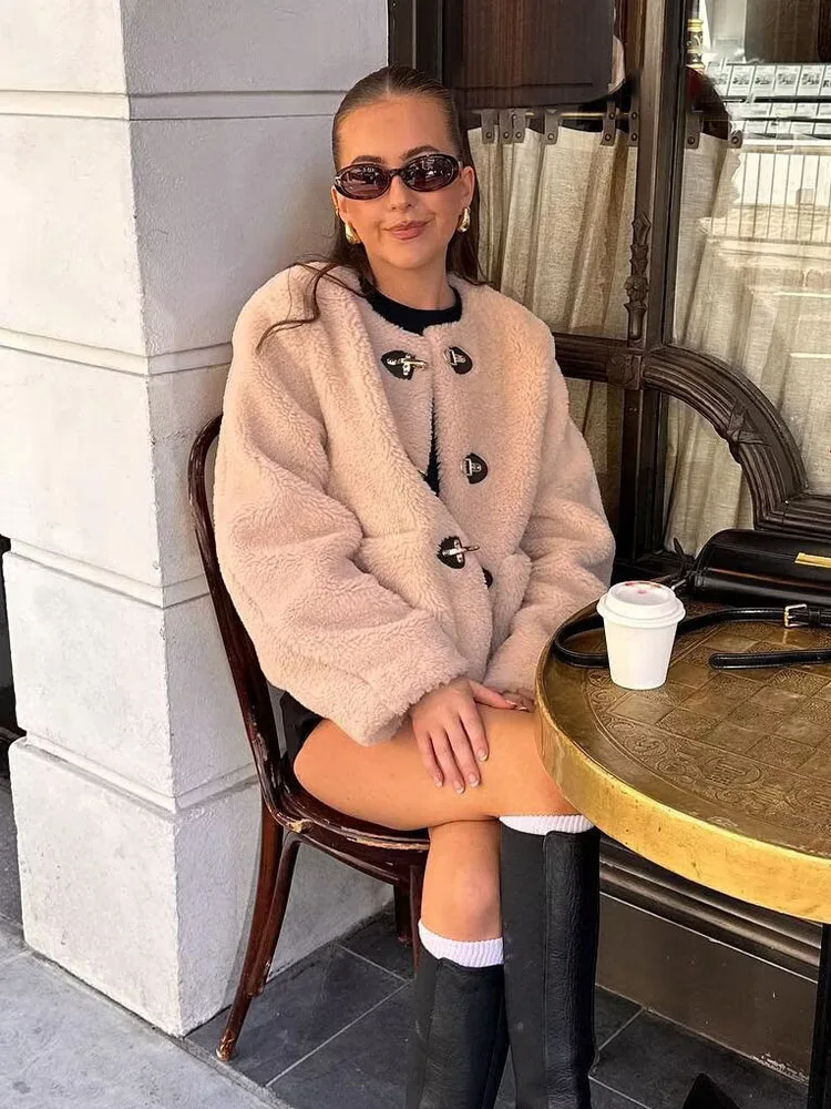 HH Women Autumn Fashion Versatile 2-Color Buckle Fleece Coat Female Round Neck With Pockets Street Casual Warm Short Jacket