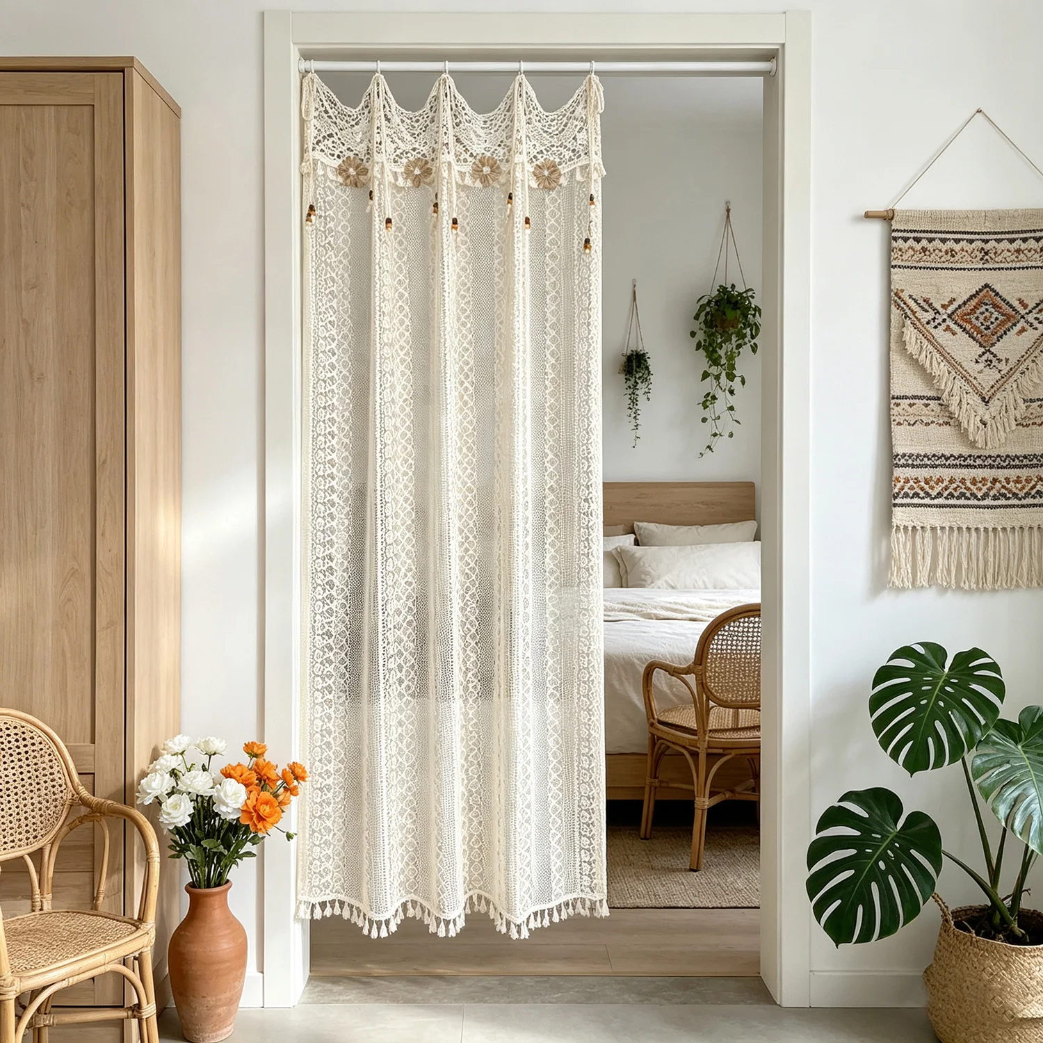1PC Bohemia Hollow Striped Lace Curtain, Tie Top, Flower tassel Decoration, Door Curtain for Kitchen, Living Room, Study, Cafe