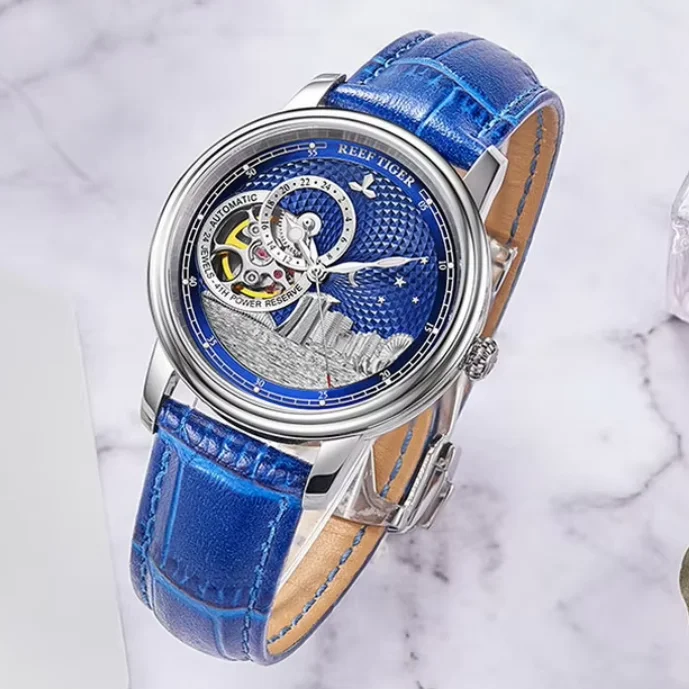Reef Tiger Women Automatic Watch 37MM Ladies Mechanical Wristwatch Waterproof Sapphire Mirror Skeleton City Dial 24 Hour NH38