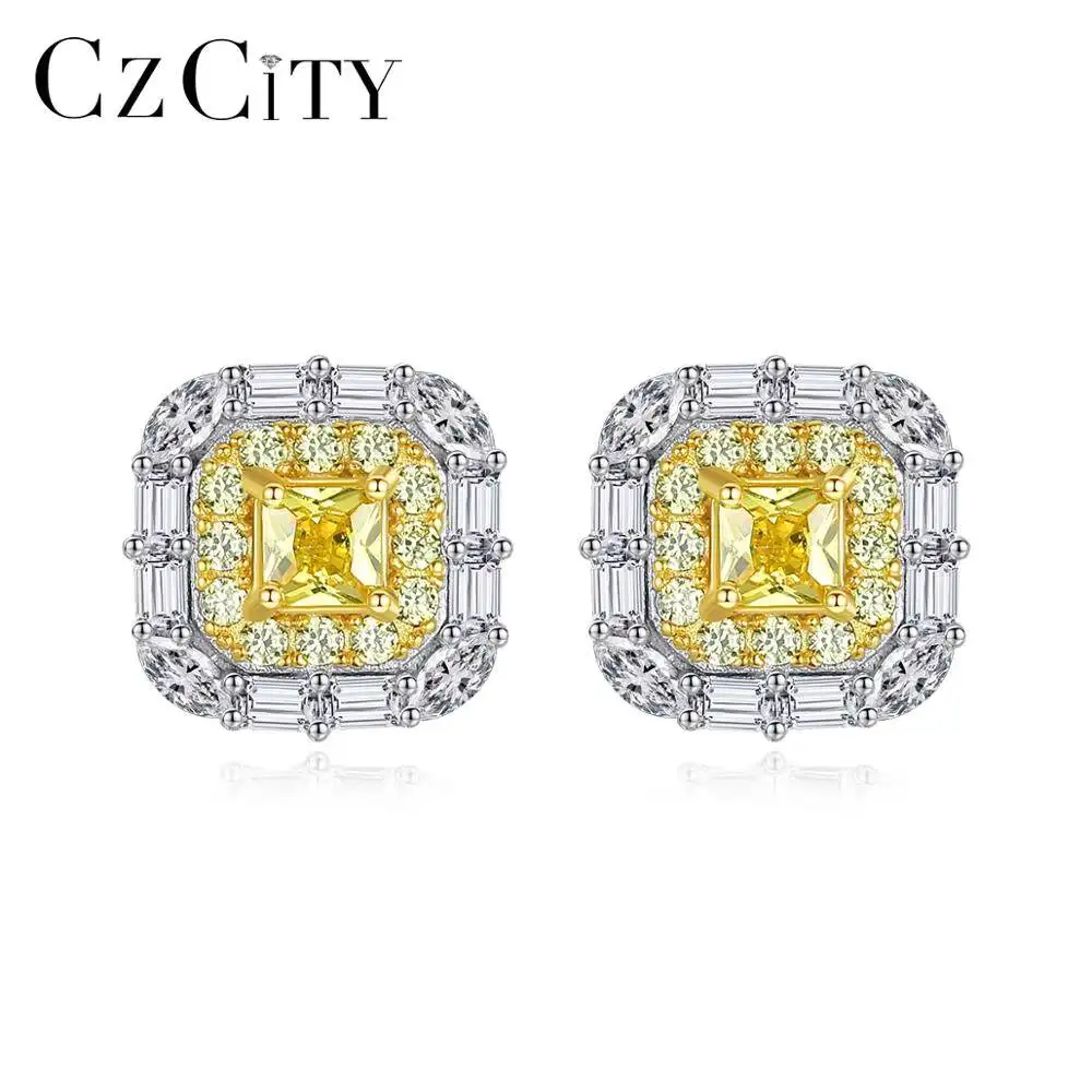 

CZCITY Fancy Yellow Crystal Formica Cubic Zirconia 925 Sterling Silver Women's Stud Earrings for Party