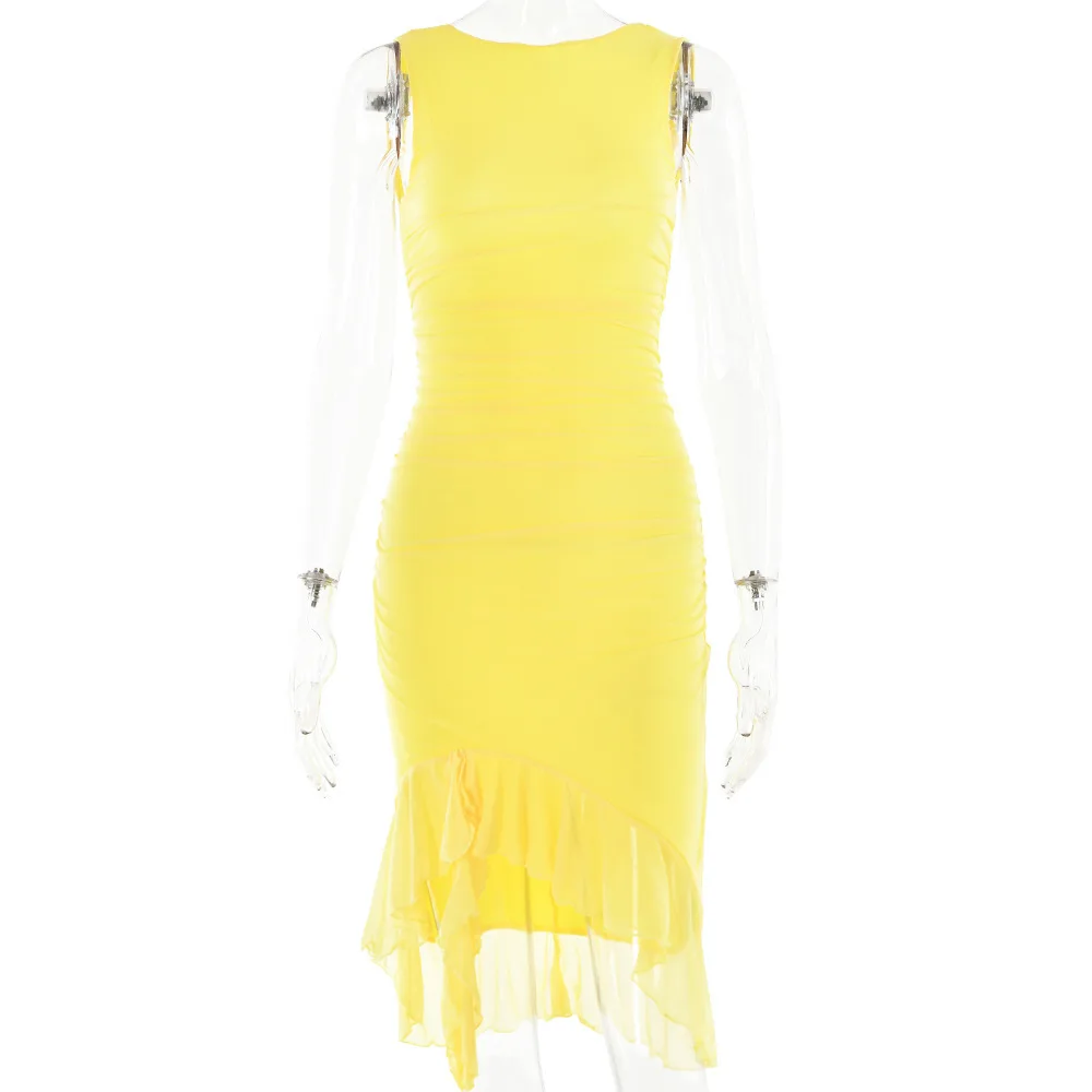 فستان ميدي جديد لربيع وصيف 2025 برقبة دائرية بدون أكمام للنساء على الموضة الأكثر مبيعًا فستان ميدي ضيق بدون ظهر