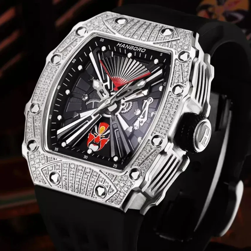 HANBORO Men Automatic Watch 52mm Tonneau Mechanical Wristwatch Waterproof Luminous Rotatable Makeups Dial Miyota Mov