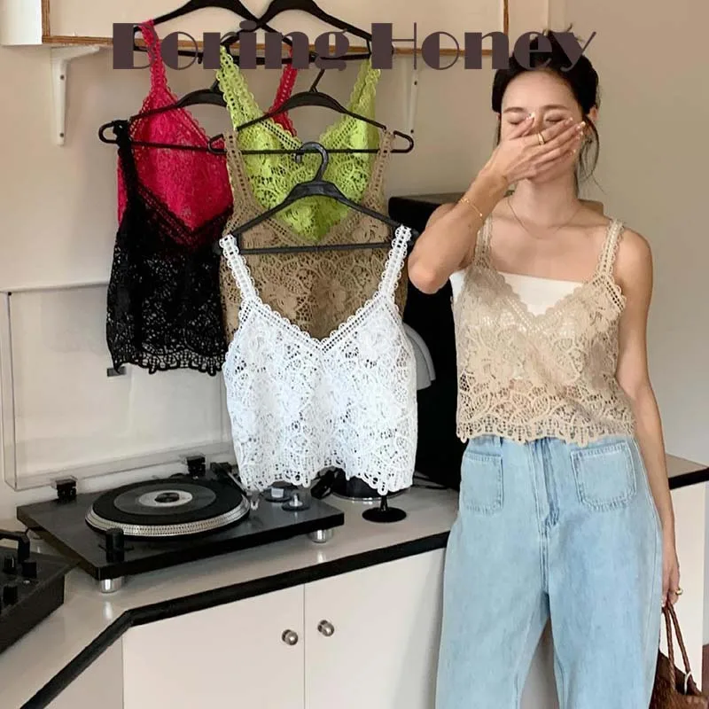 Boring Honey Novedad de Verano Estilo Coreano Vintage Étnico Bordado de Ganchillo Cuello en V Chaleco de Punto Cárdigan Top Corto Sin Mangas