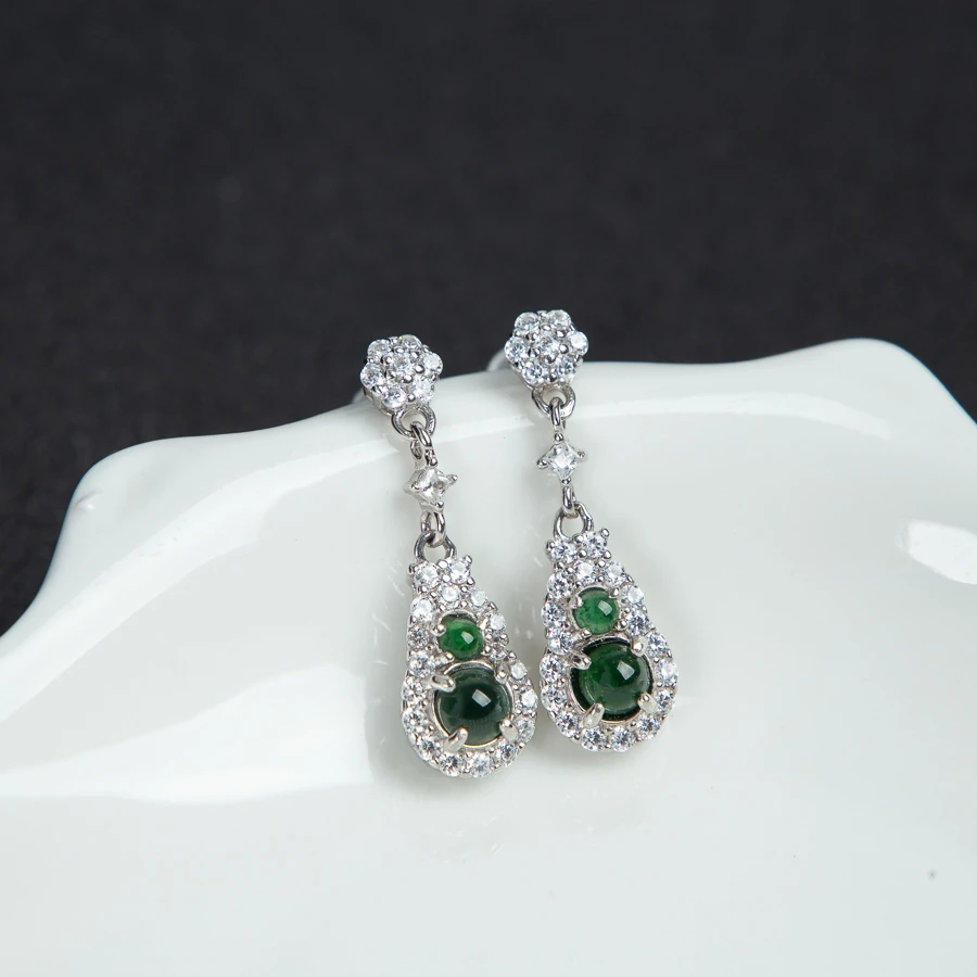 

TIMESWIND Natural A-type Jade deep Green Gourd women S925 full Zircon Earrings with Certificate