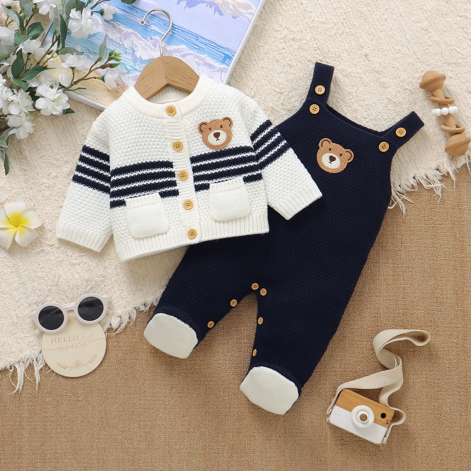 Baby Clothes Set Knit Infant Sweater Long Sleeve +Romper Foot Wrap Newborn Girl Boy Pullover Sling Jumpsuit 0-12M 2PCS Cute Bear