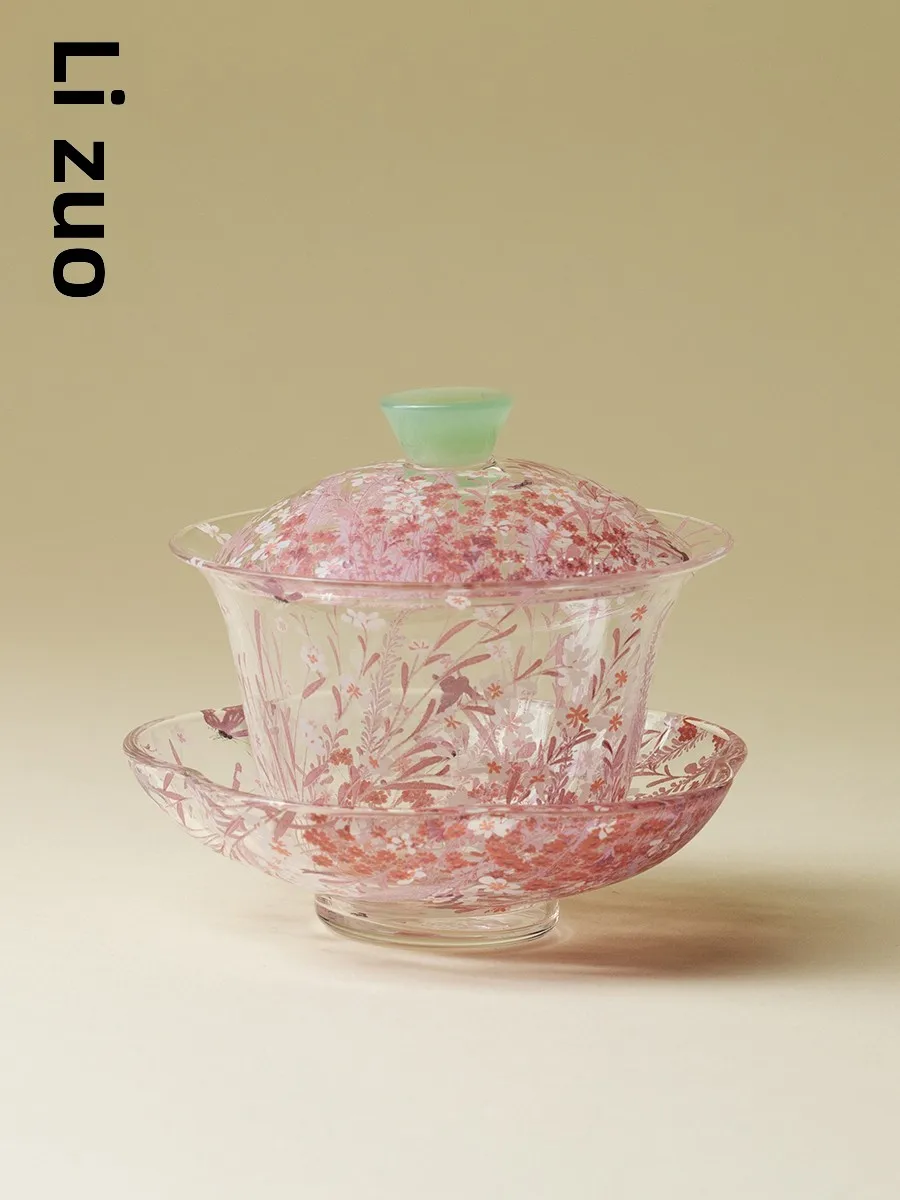 

Rizuo Pink Island Handmade Heat Resistant Glass Tea Bowl Three Elements Cover Bowl High Aesthetic Value Tea Brewing Bowl