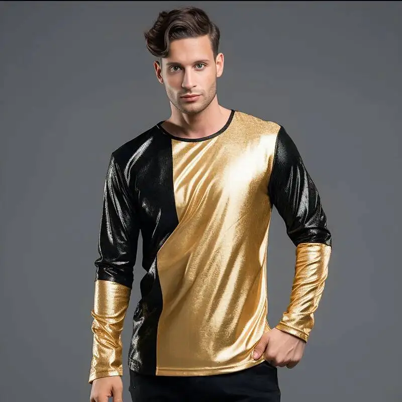 Nueva camiseta de otoño-invierno para hombre, estilo punk, con bloques de color brillantes, cuello redondo y manga larga, ideal para fiestas.