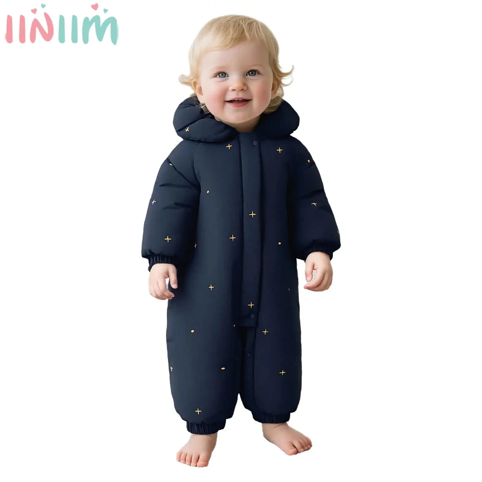 

Baby Boys Girls Winter Warm Hooded Rompers Snowsuit Long Sleeve Print Zipper Thickened Cotton-padded Jacket Jumpsuit Outerwear