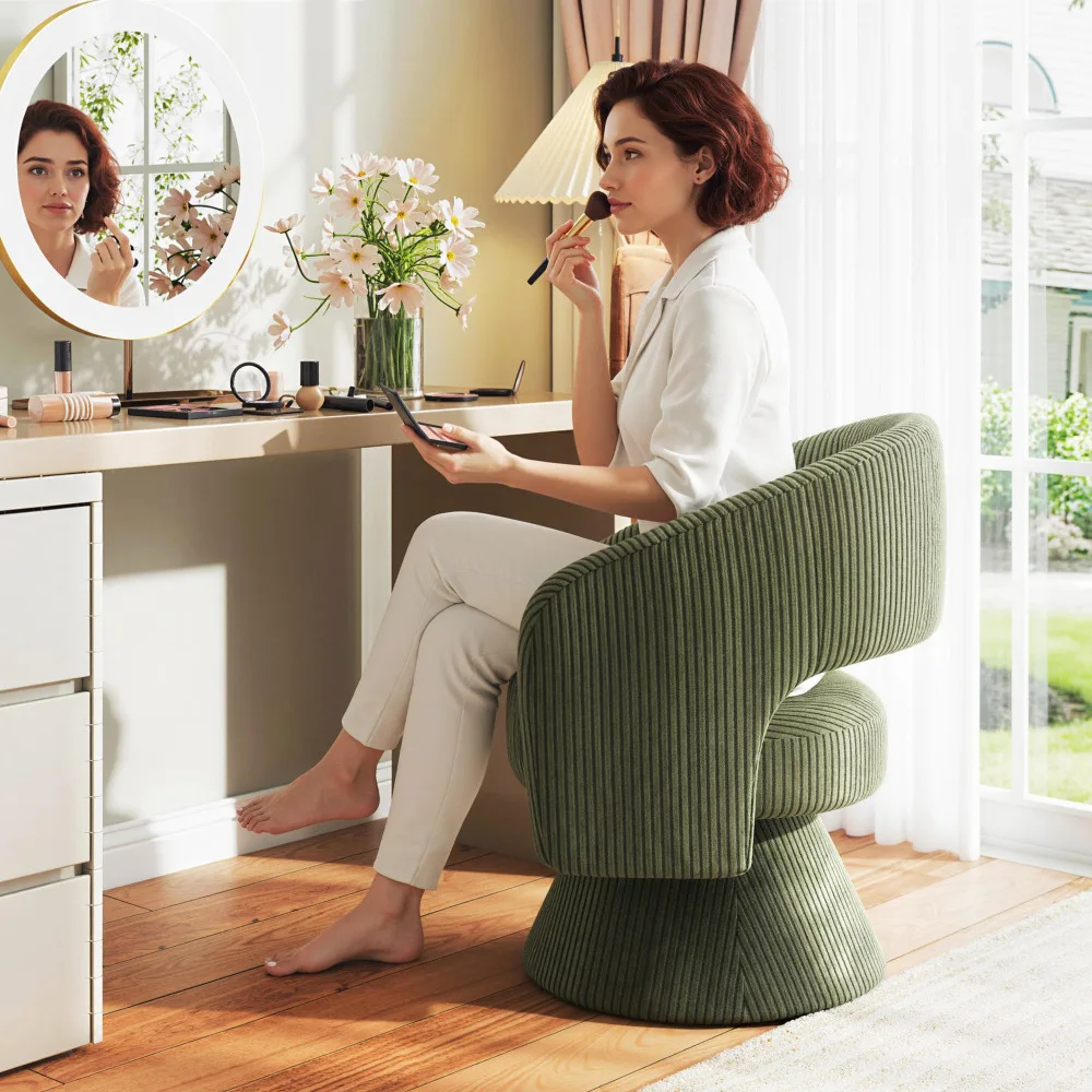 Green Corduroy Swivel Barrel Accent Chair, 360° Rotate Ergonomic Armchair with 7.9