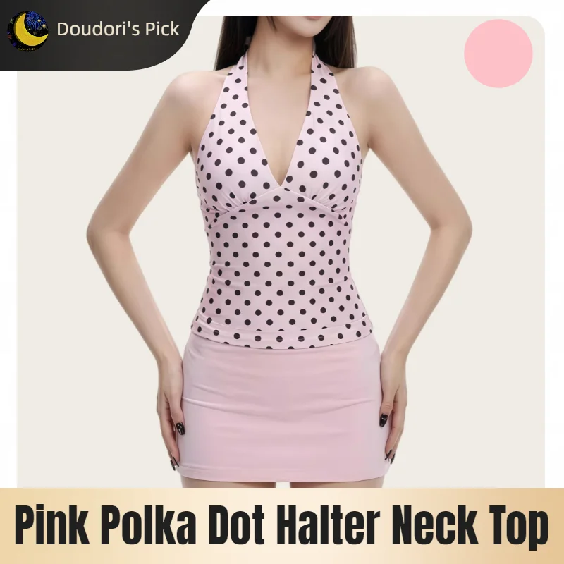 French Retro-Style Women's Pink Polka Dot Halter Neck Deep V-Neck Top with Ruched Waist and Backless Design