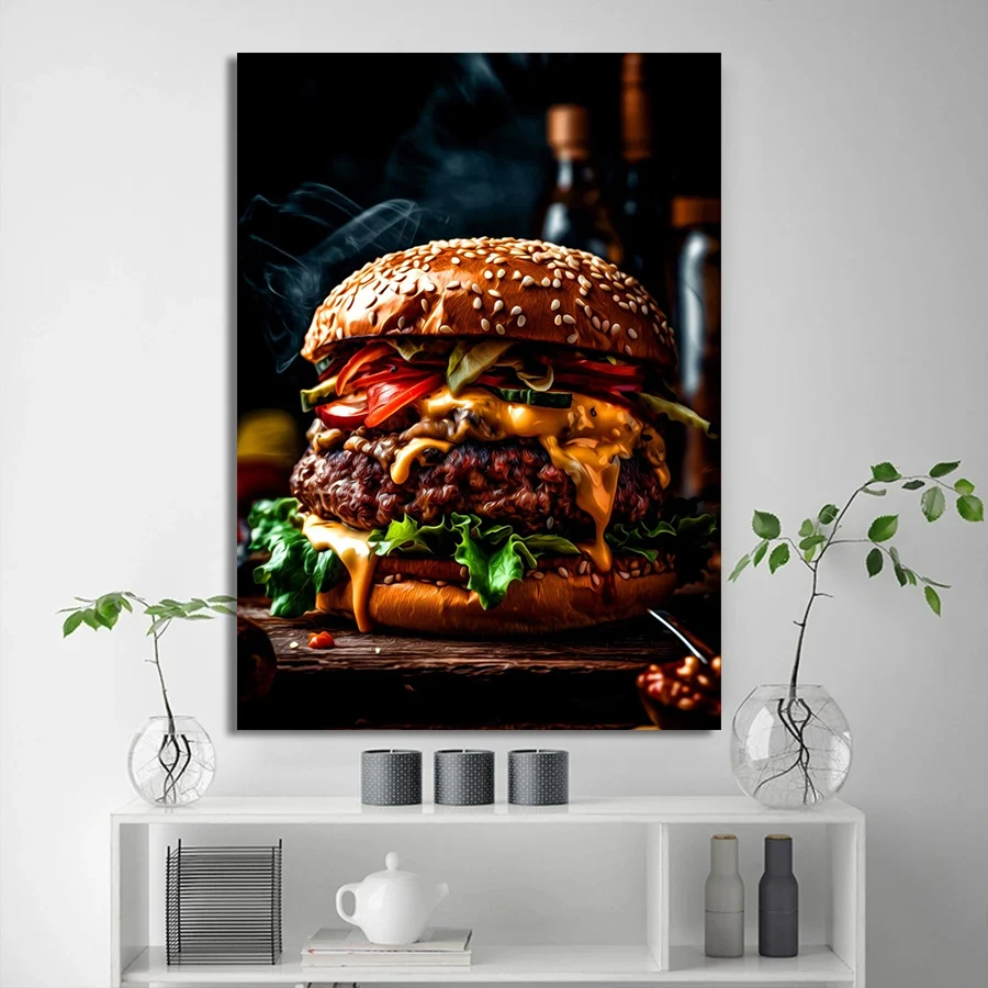 Western Food Hamburger Steak Chips Salmon French Fries Dessert Poster Canvas Painting Wall Art Pictures Kitchen Restaurant Decor view 3