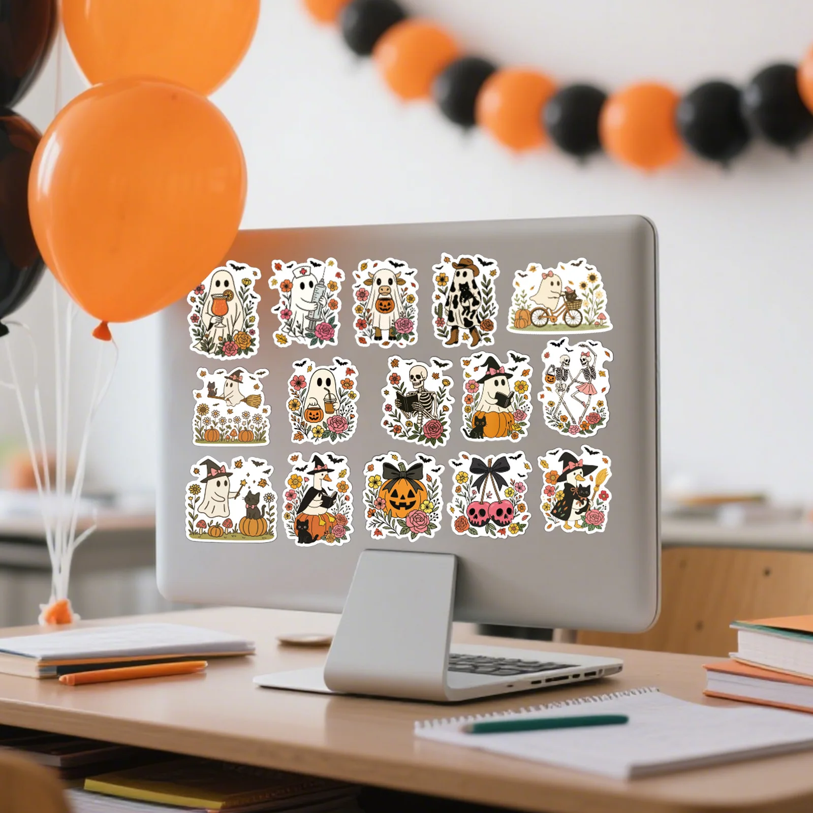 48PCS Cartoon Ghost Flower Sticker Cute Halloween Little Ghost Party Decoration Stickers For Water Bottle Diary Laptop Phone view 4