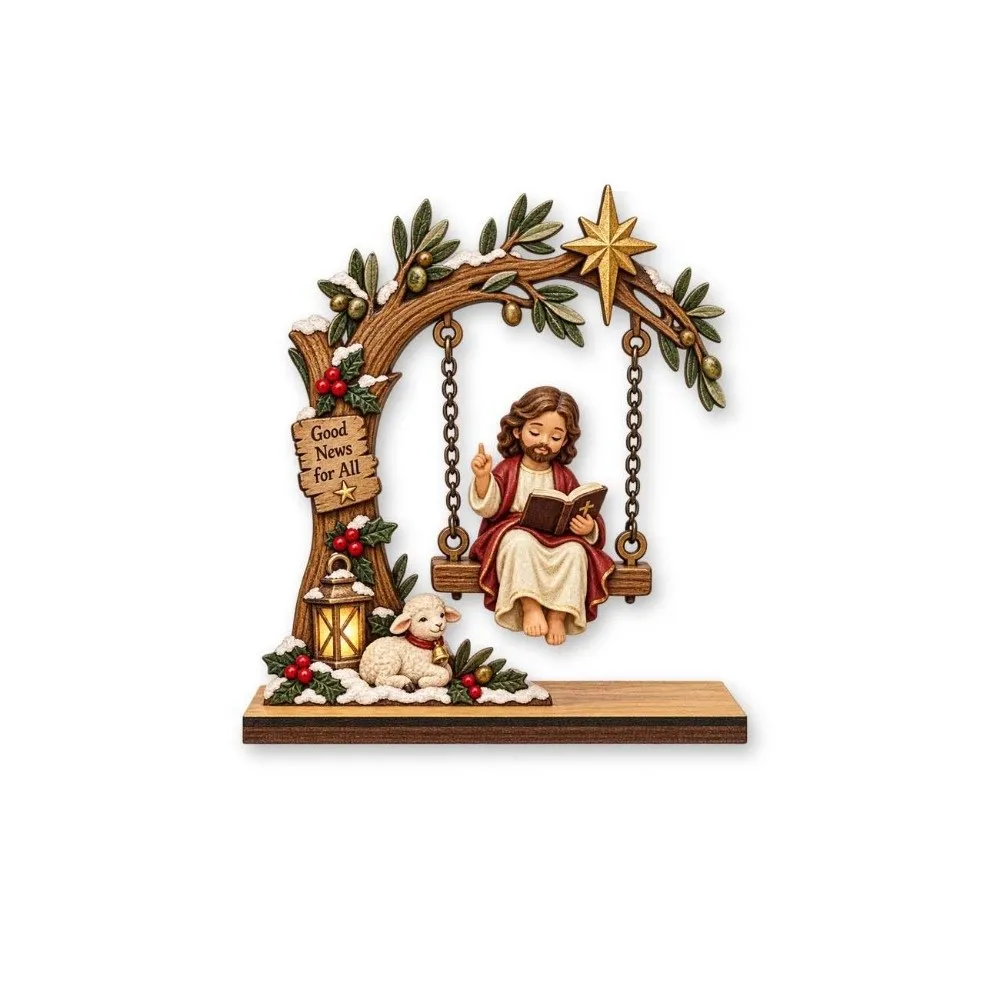 Vintage Wooden Jesus Swing Ornament Catholic Religious Bible Reading Figurine Prayer‑Theme Verse Engraved Figure Swing Craft