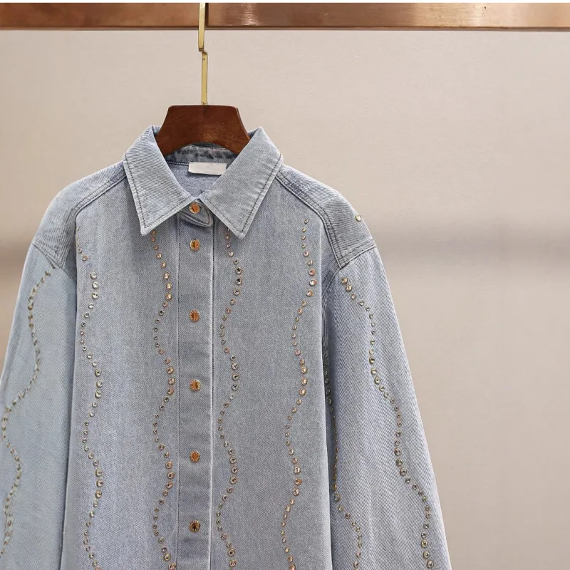 ANJY automne nouvelles femmes mode décontracté français Vintage élégant Denim chemise diamant embelli col rabattu tendance veste A12666