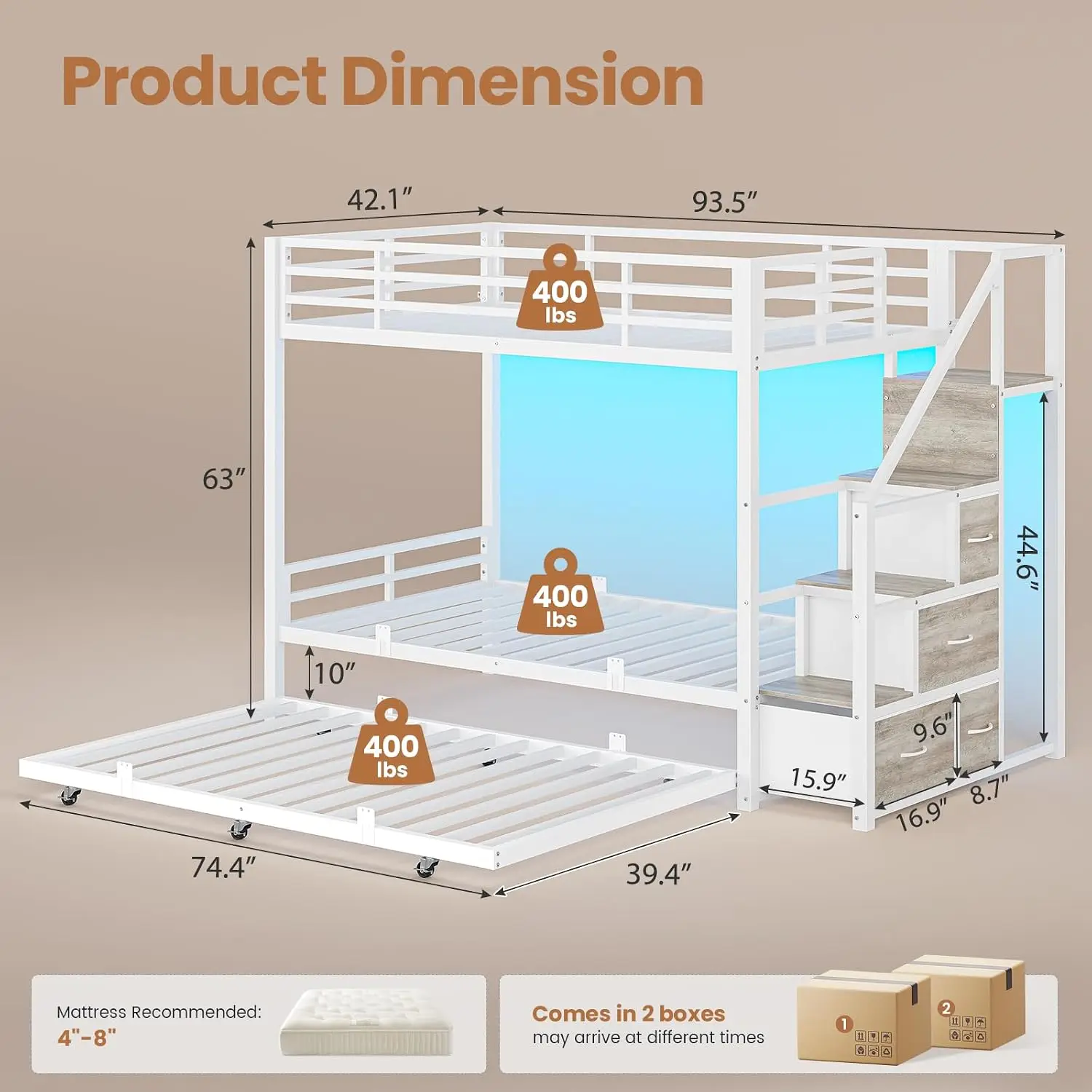VIAGDO Bunk Bed with Trundle and Staircase Storage, Twin Over Twin Metal Bunk Bed with 4 Drawers, Charging Station & LED Lights,