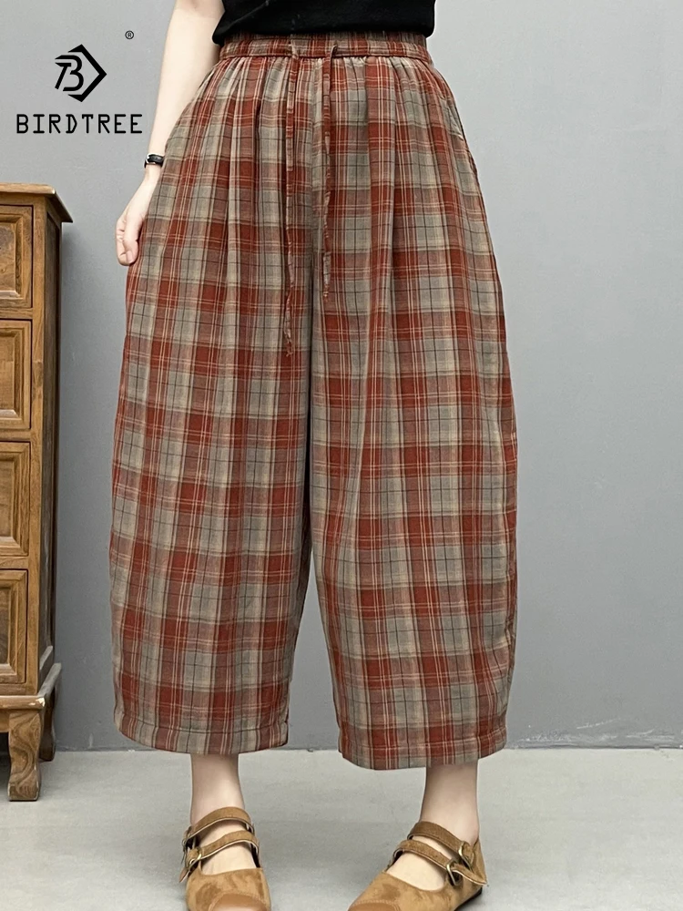 

New 2026 Summer Women Cotton Yarn Trousers, Elastic Waist Plaid Lace-up, Mori Girl British Style Thin Wide-leg Pants B65528CC