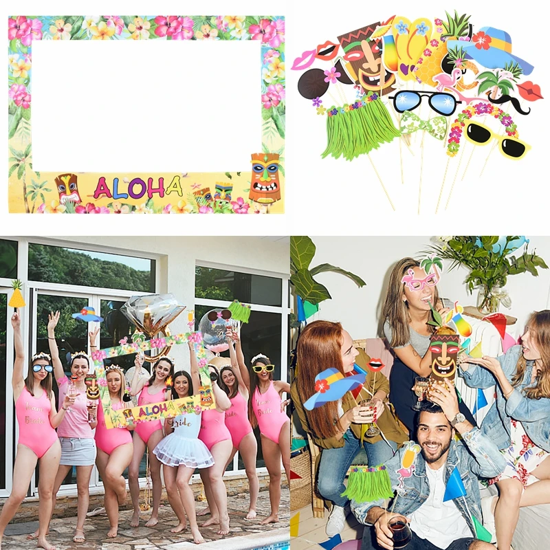 Hawaiian Party Photo Booth Props Pineapple Flamingo Paper Photo Props Summer Beach Hawai Aloha Wedding Birthday Party Decoration