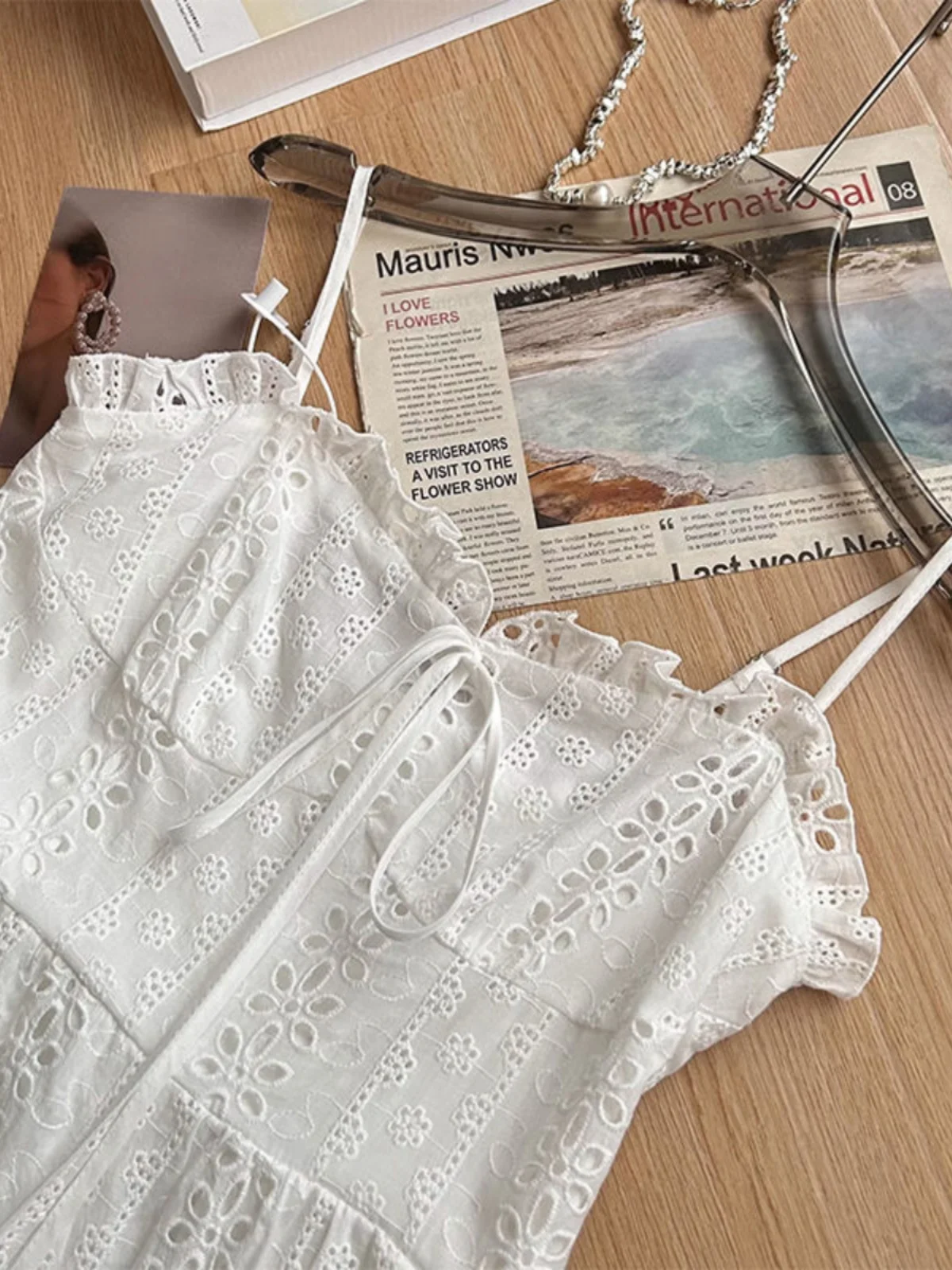 Koreanische Sle A-Linie Dr Spitzenbesatz Csole Mehrschichtige weiße Blumenstickerei Abnehmen Vielseitig Frühling Sommer Herbst Dr