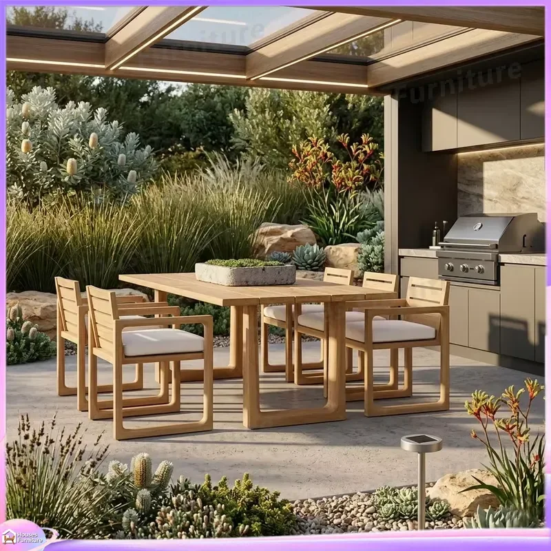 Modern Solid Teak Outdoor Dining Table and Chair Set Warm Gold Wood Garden Furniture Custom Size for Australia Patio Deck
