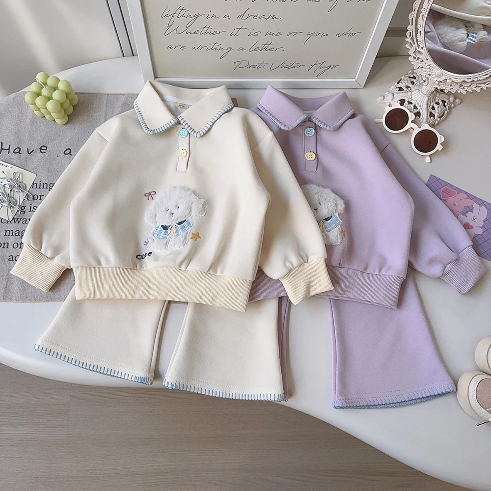 Girls Cartoon Sweatshirt+Flared Pants 2Pcs for Kids Cute Plush Puppy Embroidery Pullover Tops Pants Children Casual Clothes Set
