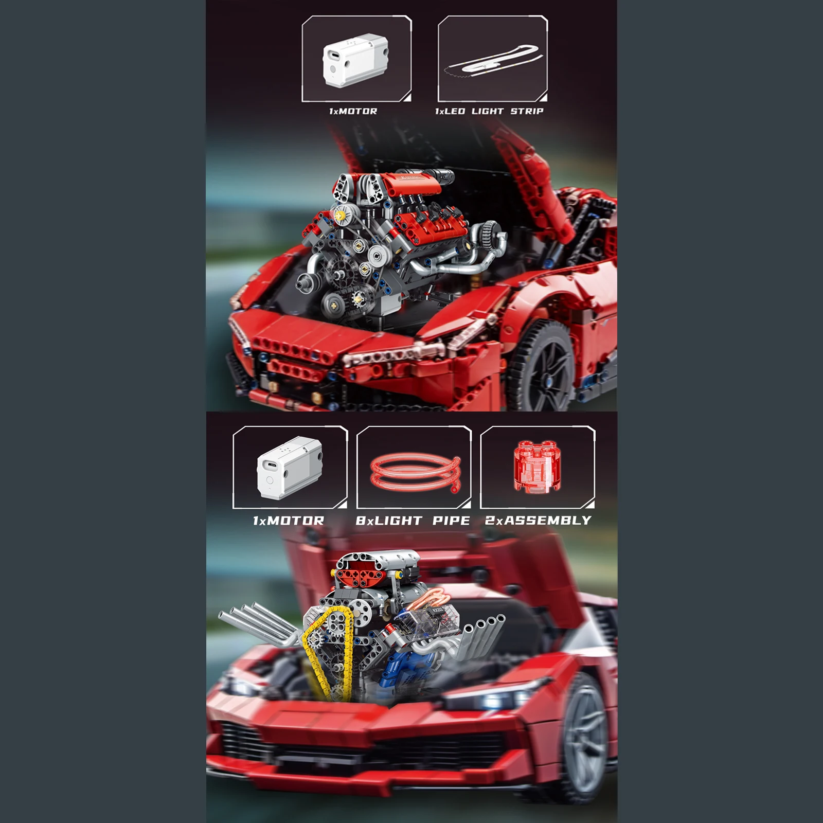 مجموعة مكعبات بناء محرك MOC التقنية V8 مع ضوء LED ونموذج آلية التحكم الآلي في التطبيق للبالغين #2
