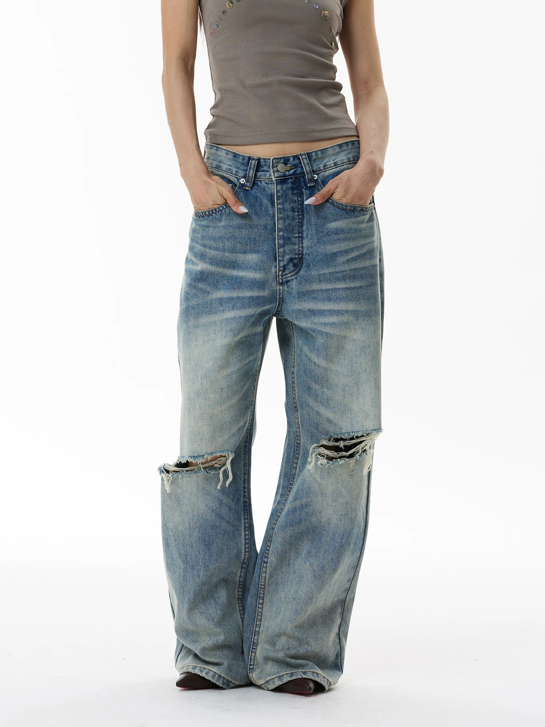 WLNEXT Calça Jeans Unissex de Perna Larga com Design Retrô Americano, Marca Moderna e Elegante, Sensação de Alta Qualidade, C...